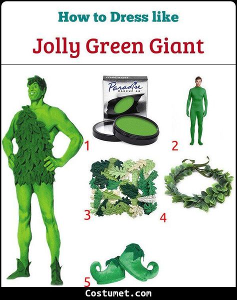 Jolly Green Giant Costume, Giant Costume, All Green Outfit, Jolly Green Giant, Green Face Paint, Leaf Headpiece, Elf Shoes, Green Characters, Green Bodysuit