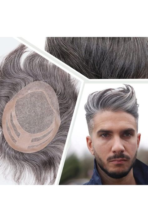 Mens Wigs Toupee for Men European Virgin Human Hair Weave Unit for Man Hair Toupee Mono Lace Top Skin PU Men Hair Replacement System Mens Hairpiece (1B Mixed 50% Grey White Hair) Grey White Hair, Hair Replacement Systems, Hair Toupee, Mens Wigs, Men Hair, Hair Replacement, Hair Weave, Womens Wigs, White Hair