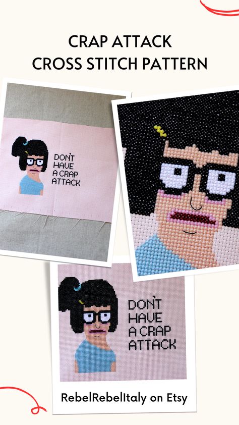 Looking for new cross stitch pattern to stitch? Come take a look at my store! My designs are all originals and it includes super easy instructions to follow! If you have any questions, please, leave a comment, I'll be happy to help you! :) You can find me on Etsy as RebelRebelItaly. Bobs Burger Cross Stitch, Cross Stitch Lilo And Stitch, Bob’s Burgers Cross Stitch, Pulp Fiction Cross Stitch, Beavis And Butthead Cross Stitch, Tina Belcher, Bobs Burgers, Cross Stitch Patterns, Cross Stitch