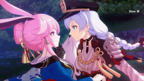 This is a CG from the game ‘Honkai Impact 3rd.’ This is an event in the game called Sanka Saga. The pink haired girl with fox ears is Yae Kasumi or Darkbolt Jonin. The white haired girl with a braid is Kallen Kaslana or Sixth Serenade. I found this CG while playing the game. Kallen Kaslana, Yae Sakura, Girl With Pink Hair, Battle Suit, Need Friends, Match 3, Honkai Impact, Cute Profile Pictures, Live Wallpapers