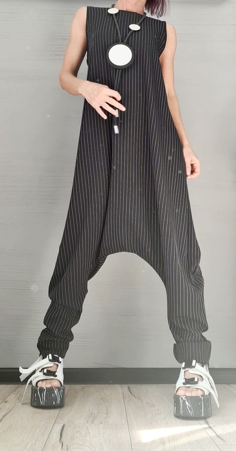 "Asymmetric long Jumpsuit, Harem Jumpsuit, Black and White Stripe, Gothic Jumpsuit, Extravagant Wide Leg Overall, Sleeveless Jumpsuit ❤️ Extravagant designs and high quality fabrics! ❤️ Materials & Care Polyester  Hand wash at low temperatures. Do not machine dry. Do not iron. Do not dry clean! ❤️ Sizing We can make your piece from XS to 5XL! Everything in the shop can be also made according to your measures free of charge! ❤️ Shipping ✈ Ready to ship The time I need to prepare an order for ship Jumpsuits 2023, Beetlejuice Halloween Costume, Unusual Clothes, Harem Jumpsuits, Long Jumpsuit, Womens Jumpsuits, Jumpsuit Pattern, Trendy Fashion Outfits, Jumpsuit Black