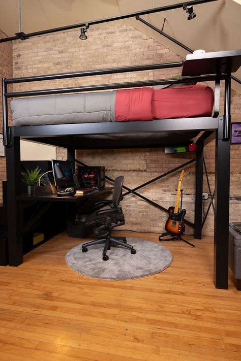 Our Adult Loft Beds help small spaces to reach their full potential and make room for your life. Transform a cramped studio apartment into a comfortable living space or turn a spare bedroom into a fully functional home office. The sleek, sophisticated design of our metal loft bed frames ensure you aren't sacrificing your adult style, and the massive 2,000 lb capacity means the beds are more than capable of supporting two adults. Available in twin, full, queen, & king sizes. Loft Bed Office Space, Adult Loft Bed Frame, Loft Beds For Adults Small Spaces, Teen Boy Bed Loft, Queen Sized Loft Bed For Adults, Cool Small Bedroom Ideas For Men, Cool Bedroom Things, Loft Bed Music Studio, Metal Loft Bed Ideas For Small Rooms