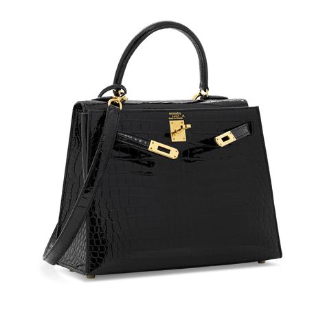 A SHINY BLACK POROSUS CROCODILE SELLIER KELLY 25 WITH GOLD HARDWARE Crocodile Kelly Bag, Hermes Kelly Crocodile, Hermes Kelly 28 Black, Hermes Kelly 32 Black, Hermes Black Small With Shiny Cocrodile, Hermes Kelly 25, Kelly 25, Gift Hampers, Lady Dior Bag