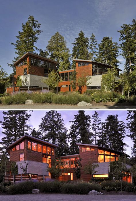 Wood siding and concrete bricks create a contrast on the exterior of this Pacific Northwest home. Pacific Northwest Exterior, Pacific Northwest Houses, Pacific Northwest Beach House, Pacific Northwest Architecture, Northwest Contemporary Exterior, Pacific Northwest Style, Northwest Style, Mountain Home Exterior, Small Modern Home