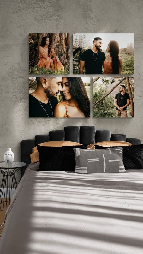 Couples Room, Family Photos Wall Decor, Photo Walls Bedroom, Farm Hacks, Photowall Ideas, Trunk Or Treat Ideas, Canvas Photo Wall, Family Photo Wall, Framed Wedding Photos