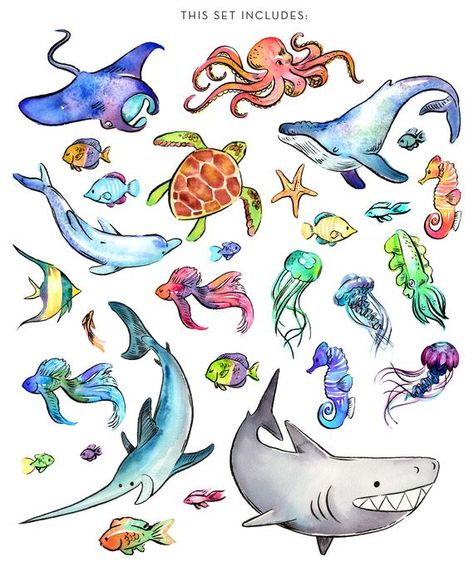 Ocean Animal Drawings, Watercolor Sea Creatures, Coral Drawing, Sea Creatures Drawing, Ocean Drawing, Creature Marine, Sea Drawing, Sea Creatures Art, Cool Pencil Drawings