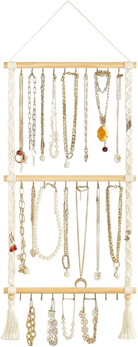 Amazon.com: Dahey Hanging Jewelry Organizer Macrame Necklace Holder with 30 Hooks Wall Mounted Jewelry Hanger Over Door Necklace Rack with Tassel for Necklace Bracelet Earring Headband Bow Organizer : Home & Kitchen Hanging Necklace Organizer, Macrame Holder, Necklace Rack, Necklace Hanger, Bow Organizer, Jewelry Organizer Stand, Jewelry Organizer Wall, Hanging Necklaces, Hanging Jewelry Organizer