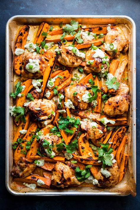 This sweet-and-spicy sheet pan chicken thigh recipe is the stuff healthy weeknight supper dreams are made of. Sheet Pan Chicken Thigh Recipes, Chili Honey Chicken, Calcium Foods, Sheet Pan Chicken Thighs, Honey Chicken Thighs, Chicken Sweet Potatoes, Chicken Thighs Dinner, Chicken Thigh Recipe, Week Meals