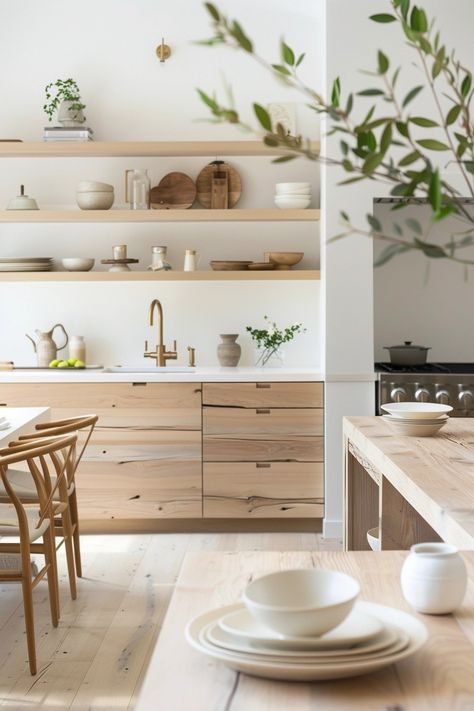 Nail the Simple Organic Modern Kitchen Look with These 15 Essentials Japandi Dining, Organic Modern Kitchen, Japandi Home Decor, Scandinavian Kitchens, Minimalist Details, Wooden Countertops, Japandi Home, Organic Kitchen, Minimalist Kitchen Design