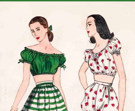 60s Crop Top, 1950s Crop Top, 50s Crop Top, Peasant Crop Top, Crop Top Pattern, 1960s Outfits, Cut Top, Vintage Crop Tops, Retro Accessories