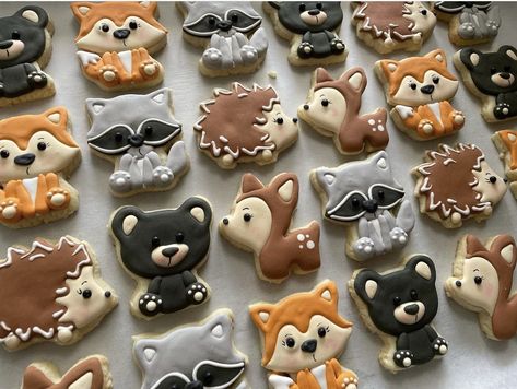 Woodland Animals, Woodland Animal Cookies, Baby Woodland Animal Cookies, Woodland Baby Shower, Baby Shower Cookies, Bear, Raccoon, Deer - Etsy Woodland Bear Cookies, Forest Animal Cookies, Woodland Royal Icing Cookies, Woodland Cookies Baby Boy, Woodland Themed Cookies, Rustic Woodland Baby Shower Ideas, Woodland Creature Cookies, Woodland Cookies Decorated, Woodland Baby Shower Theme Food