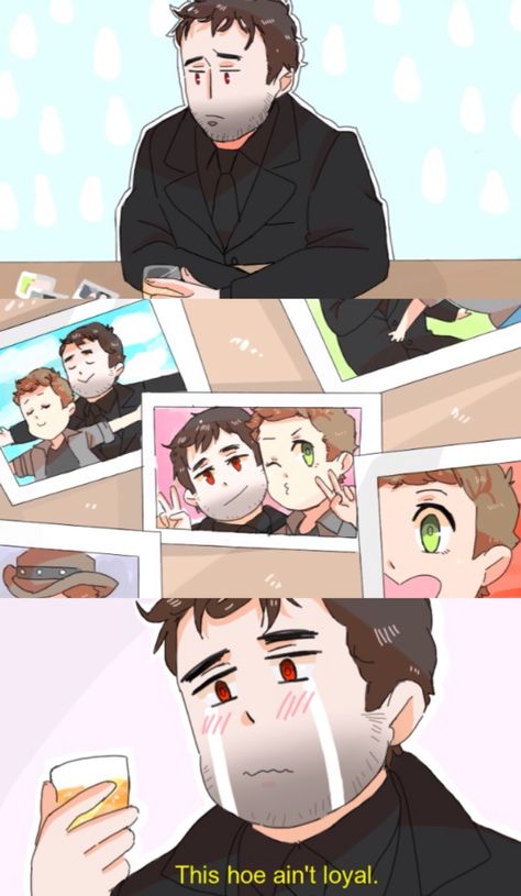 This hoe ain't loyal. Crowley looking at photos of him and Dean Crowley X Dean, Dean X Crowley, Crowley X Dean Fanart, Spn Crowley Fanart, Crowley And Dean, Dean And Crowley, Supernatural Fan Art Crowley, Crowley Funny Supernatural, Crowley Sitting