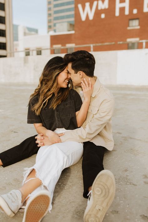 Rooftop Couple Photoshoot Formal, Engagement Pictures Rooftop, Couples Photoshoot Location Ideas, Casual Rooftop Engagement Photos, Parking Lot Engagement Photos, Rooftop Parking Garage Engagement Photos, Couple Photography Poses In The City, Casual Engagement Pictures City, Engagement Casual Outfit Ideas