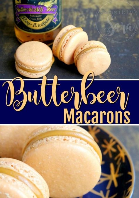 Harry Potter Baked Goods, Halloween Macarons Flavors, Fall Flavored Macarons, Butterbeer Macarons, Fall Macaron Flavors, Fall Macarons, Harry Potter Desserts, Harry Potter Snacks, French Macaroon Recipes