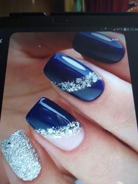 Denim And Diamond Nails, Silver And Blue Nail Designs, Navy Blue And Silver Nails Acrylic, Navy Blue And Silver Nails Short, Nail Ideas Navy Blue And Silver, Navy Sliver Nails, Navy Blue And Silver Gel Nails, Blue And Silver Nails, Hoco Nails