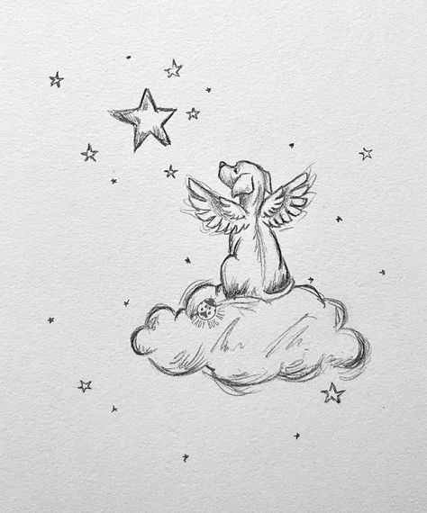 Passed Pets Quotes, Angel Puppy Tattoo, Pets In Heaven, Puppy Memorial Ideas, Memorial Drawings Ideas, Dog With Wings Drawing, Angel Dog Drawing, Dog Heaven Tattoo, Dog In Heaven Tattoo