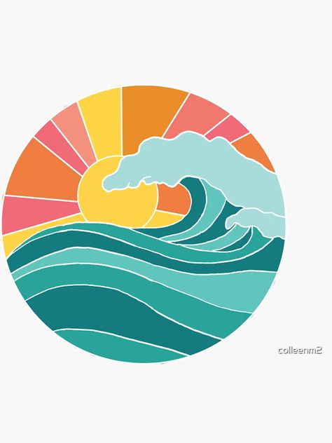 " Sunset Ocean circle" Sticker for Sale by colleenm2 | Redbubble Easy Ocean Drawings, Circle Art Design, Hoodie Business, Sunset Illustration, Ocean Drawing, Hand Art Kids, Wave Drawing, Circle Canvas, Circle Drawing