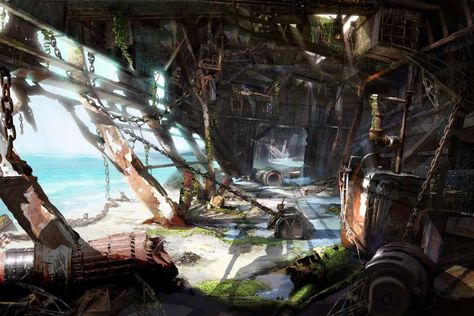 Concept art of  the interior of a ship wreck for Far Cry 3 Inside Concept Art, Interior Concept Art, Ship Wreck, Far Cry 3, Water Challenge, 40k Terrain, Abandoned Ships, Far Cry, Fantasy City