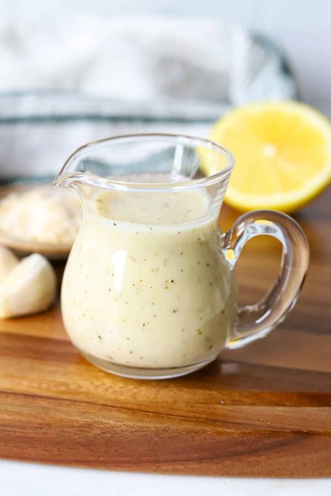 Easy Garlic Parmesan Dressing Garlic Parmesan Dressing, Parmesan Dressing Recipe, Garlic Ranch Dressing, Balanced Nutritionist, Protein Pasta Salad, Garlic Salad Dressing, Honey Lime Vinaigrette, Garlic Balsamic, Parmesan Salad