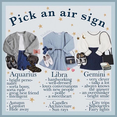 Mahalia 🌼 on Instagram: “𝙕𝙤𝙙𝙞𝙖𝙘: 𝘼𝙞𝙧 𝙨𝙞𝙜𝙣𝙨 • Are you an air sign? Do you believe in astrology? I got lots of sweet reactions on my poll if I should do a zodiac…” Gemini Outfits, Zodiac Signs Outfits, Zodiac Clothes, Outfit Bts, Aquarius Aesthetic, Zodiac Sign Fashion, Aquarius Truths, Gemini And Libra, Niche Memes