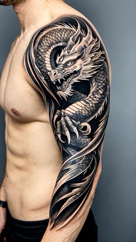 Tattoos Mythical Creatures, Dragon Tattoo Realistic, Jormungandr Tattoo, Simple Unique Tattoos, Dragon Tattoo Shoulder, Tato 3d, Black Dragon Tattoo, Dragon Tattoos For Men, Full Sleeve Tattoo Design