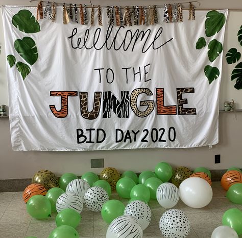 Welcome To The Jungle Bid Day, Jungle Bid Day Theme, Jungle Bid Day, Safari House, Rush Themes, Chi Rho, Bid Day Themes, Sigma Alpha, Phi Mu