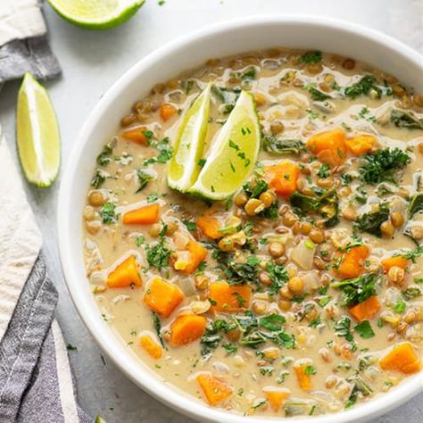 Lentils And Kale, Coconut Curry Lentil Soup, Curry Lentil Soup, Lentil Soups, Creamy Coconut Curry, Curry Broth, Sweet Potato Lentil Soup, Soup Potato, Kale Soup Recipes