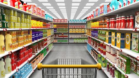 Photo supermarket interior with shelves ... | Premium Photo #Freepik #photo #market-cart #supermarket-cart #supermarket #supermarket-trolley Supermarket Interior, 99 Cent Store, Store Design Boutique, Restaurant Menu Template, Supermarket Shelves, Interior Illustration, Photoshoot Themes, Banner Printing, Store Interior