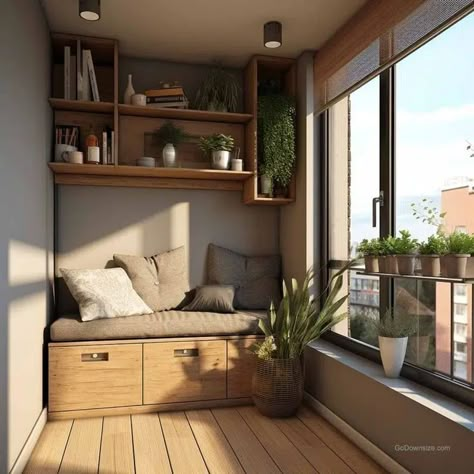 This refreshing apartment balcony creates a Zen-like atmosphere with its choice of blinds, plants, and cushioned bench. Dream Balcony, Hanging Decoration Ideas, Hanging Plant Ideas, Plant Ideas, Hanging Plant, Hanging Pots, Hanging Plants, Decoration Ideas, Balcony