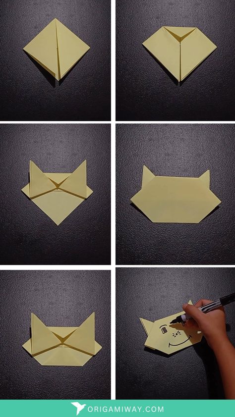 A yellow origami cat face head Origami Cat Face, Paper Cat, Piece Of Paper, Paper Folding, Cat Face, Sheet Of Paper, How To Make An, Art Work, Diy And Crafts