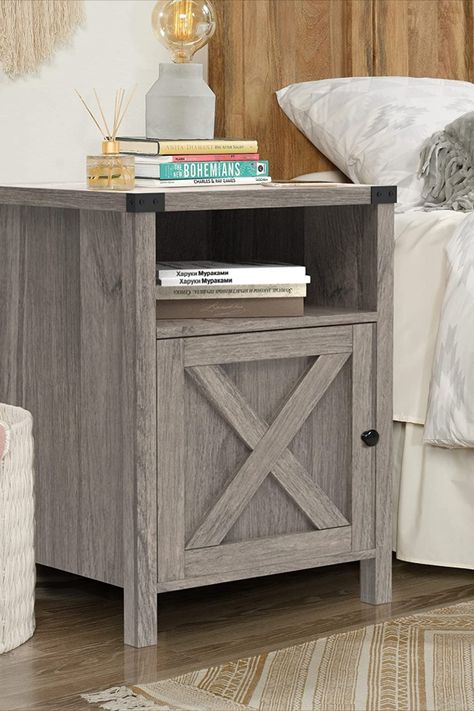 Modern Bed Side Table, Farmhouse Nightstand, Gray Nightstand, Side Tables For Bedroom, Bedside Table Set, Farmhouse End Tables, Shelf Modern, Industrial Side Table, Rustic Nightstand