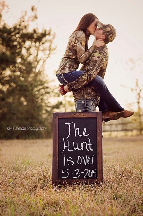 Kayla Steade Photography #couples #engagement #photography #hunt is over #love… Country Engagement Pictures, Engagement Humor, Engagement Photos Country, Wedding Engagement Pictures, Camo Wedding, Country Engagement, Future Wedding Plans, Engagement Announcement, Wedding Engagement Photos