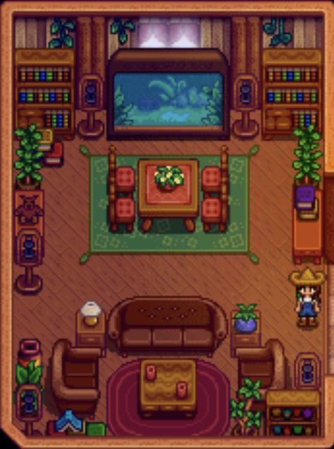 Stardew Grandpas Farm Layout, Stardew Valley Furnace Room, Frontier Farm Stardew Valley, Stardew Guest House, Stardew Valley Events, Stardew Valley Artifacts Layout, Stardew Kitchen Ideas, Sdv Decoration Ideas, Stardew Wizard Decor