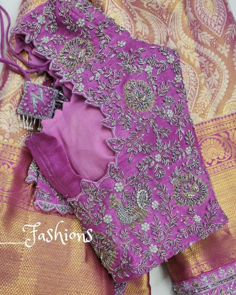 Buthanese Art, Unique Maggam Work Designs, Lavender Colour Pattu Saree, Latest Maggam Work Blouses 2023, Lavender Saree Contrast Blouse, Purple Blouse Work Designs, Maggam Work Blouse Designs Latest, Lavender Saree, Maggam Designs