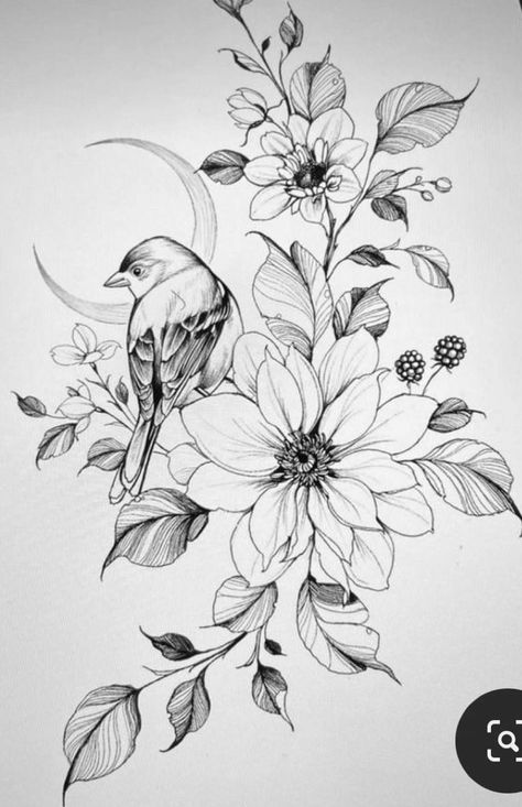 Bird And Flowers Tattoo Design, Floral And Bird Tattoo, Robin Flower Tattoo, Dainty Floral Tattoo Design, Bird Tattoo Realism, Half Sleeve Tattoos For Women Lower Arm Meaningful, Animal And Flower Tattoo, Flower Tattoos Drawings, Bird Flowers Tattoo