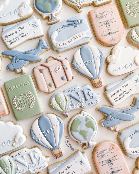 Traveler Birthday Theme, Around The World First Birthday Party, Travel One Year Old Party, Time Flies Birthday Cookies, Travel Themed Birthday Party Kids, First Adventure Birthday, One Year Old Birthday Travel Theme, Around The World Themed Party, Traveling Birthday Theme