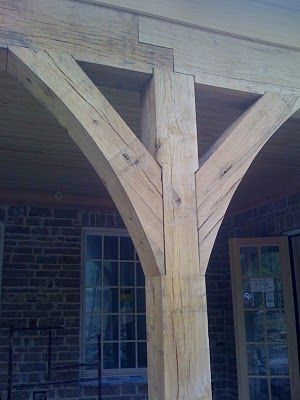 I like the shape of the porch post corbels. This would look good on the porch posts and would tie in both the angles and curves of the house. Timber Frame Joinery, English Architecture, Timber Frame Construction, Porch Columns, Porch Posts, Revival Architecture, Wooden Structure, Wood Joinery, Hus Inspiration