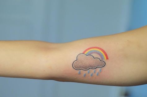 🌈🌤🌧 #yarput #handpoke #berlintattoo y.putyata@gmail.com for Booking Storm Rainbow Tattoo, Rainbow And Cloud Tattoo, Thundercloud Tattoo, Rainbow Tattoo, Rainbow Tattoos, Tattoo Forearm, Cloud Tattoo, Rainbow Pin, Hand Poke