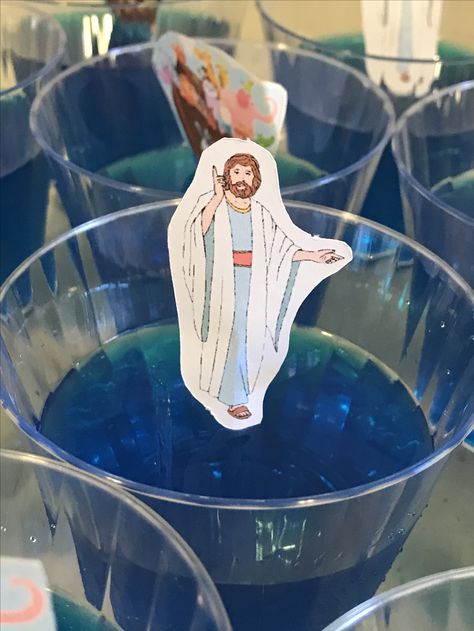 Sunday School snack. Jesus walking on water. Toothpick added to hold him up. Blueberry jello. Joseph Bible Story Snacks, Jesus Walks On Water Craft Free Printable, Bible Themed Snacks, Sunday School Snack Ideas, Walking On Water Craft, Christian Snacks, Bible Snacks, Bible School Snacks, Blueberry Jello