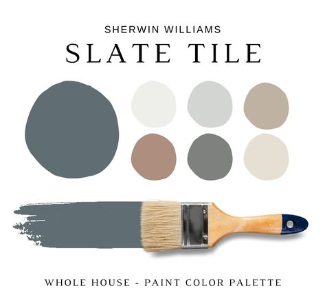 The PDF contains EVERYTHING you need to KNOW about Sherwin Williams SLATE TILE! It includes a list of complementary Sherwin Williams Paint Colors that can be used to pair with SW SLATE TILE. This is a PREPACKAGED Color Palette Selection Listing that includes the Sherwin Williams SLATE TILE color recommendations for walls, ceilings, trims, moldings, doors, and window frames - for your WHOLE HOUSE.  This is a *digital download* PDF that contains 37 pages total of information to assist you with quick and easy color selections in your home. It also includes the material color palette (satin brass, matte black, polished chrome, wood stains, or copper that resonates with the color palette) and fabric color palette (color and material of the fabric on the furniture). There is also a list of speci Colors That Go With Slate Tile, Sherwin Williams Slate Tile Color Palette, Slate Tile Paint Sherwin Williams, Slate Tile Color Palette, Slate Blue Walls Bedroom, Slate Living Room Ideas, Slate Tile Bedroom, Slate Blue Palette, Sherwin Williams Slate Tile Cabinets