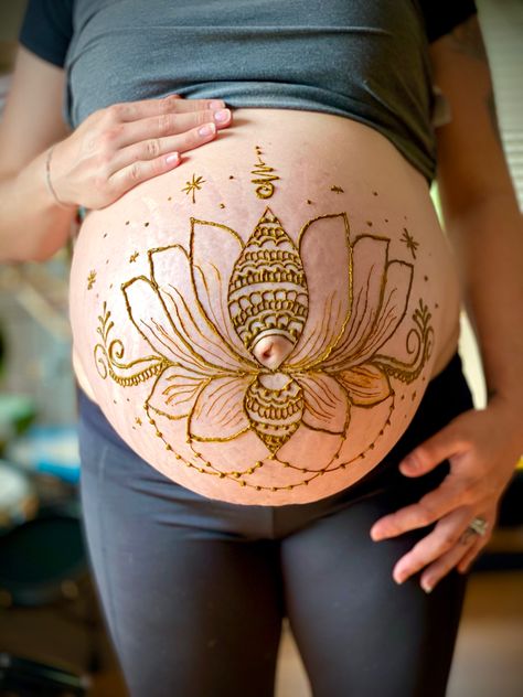 Henna mehndi women belly gold lotus stars dots pregnant pregnancy maternity Maternity Henna, Henna Belly, Belly Henna, Henna Art, Oahu Hawaii, Henna Design, Pregnancy Shoot, Henna Tattoo, Oahu