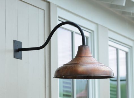 Exterior Gooseneck Lighting, Lakehouse Lighting, Warehouse Ideas, Gooseneck Lighting, Outdoor Deck Lighting, Industrial Exterior, Sweet Clover, House Porch, Warehouse District