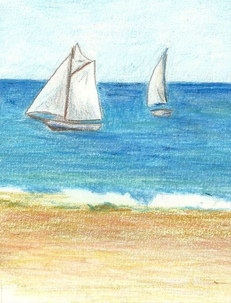 Voiliers sur mer. Plage. Paysage de vacances. Dessin aux crayons de couleur réalisé par Dolorès Le Bourgocq. Drawing Of Ocean, Ocean Drawing, Aesthetic Gifts, Watercolor Ocean, Drawing Tools, Drawing Tips, Pencil Art, Art Drawings Sketches, Art Classes