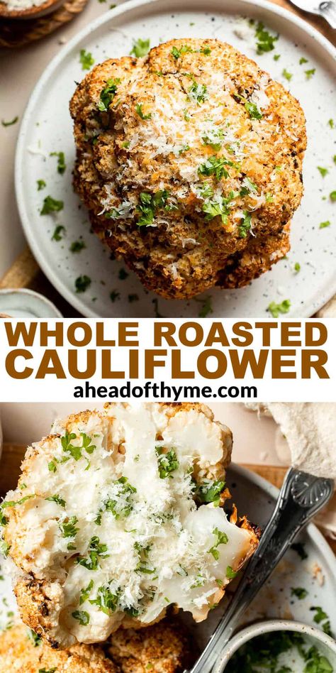 Slow Cooker Whole Roasted Cauliflower With Butter Sauce, Roasted Cauliflower Whole Head, Air Fryer Whole Cauliflower, Roast Cauliflower Head, Roasting Cauliflower In Oven, Roast Cauliflower Oven, Cauliflower Head Recipes, Baked Cauliflower Head, Whole Roasted Cauliflower Recipes