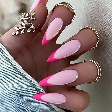 BABALAL Pink Press on Nails Long Fake Nails Almond French Tip Glue on Nails Matte Stiletto Acrylic Nails 24Pcs False Nails Nails Almond French Tip, Nails Almond French, Nails Pointy, Stiletto Acrylic Nails, Almond French Tip, Pink Press On Nails, Sharp Nails, Long Stiletto, Nails Matte