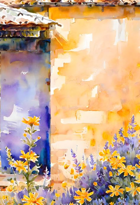 A traditional watercolor painting captures the beauty of a yellow field filled with wildflowers against a backdrop of a yellow wall. The color scheme of lavender and yellow creates a soothing and vibrant atmosphere. The pale yellow wallpaper and walls add a touch of warmth to the scene. The worn mono-yellow wallpaper and sand-colored walls give a nostalgic feel. Prussian blue and azo yellow are skillfully used to create depth and contrast. Watercolor Color Schemes, Pale Yellow Wallpaper, Original Painting Ideas, Painting Mood, Yellow Field, Colored Walls, Yellow Fields, Violet Aesthetic, Books Inspiration