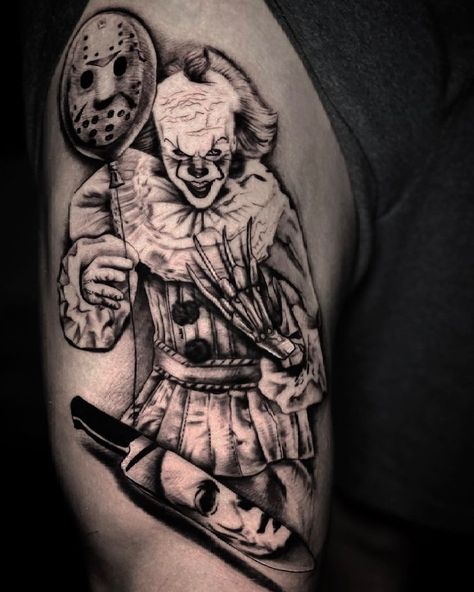 Horror Side Tattoo, Slasher Tattoo Sleeve, Pumpkin Painting Ideas Pennywise, Pennywise Tattoo Ideas, Pennywise Tattoo Small, It The Clown Tattoo, Pennywise Tattoos, Penny Wise Tattoo, Bride Of Chucky Tattoo