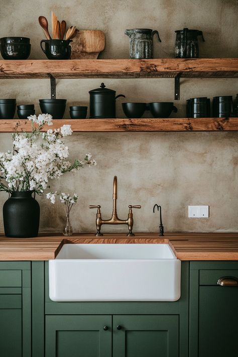 Discover the charm of the latest kitchen design with open wooden shelving and a farmhouse sink. This modern rustic look combines functionality with style, perfect for any home. Get inspired by these cozy and elegant features! #KitchenDecor #RusticCharm #InteriorDesign Organic Farmhouse Kitchen, Woodsy Farmhouse, Farmhouse Moodboard, Kitchen French Country, Kitchen 2025, Open Shelving Kitchen, Modern Rustic Kitchen, Hunters Cabin, Earthy Kitchen