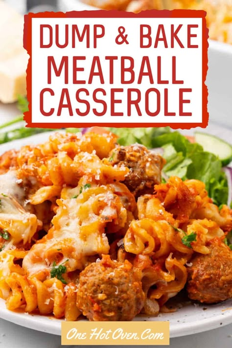 This the easiest pasta bake with meatballs recipe and if you're looking for a meal that the whole family will love, this is it.  This is a dump and bake casserole using frozen meatballs and uncooked pasta, plus your favorite spaghetti sauce. Pasta Bake With Meatballs, Meatball Pasta Casserole, Meatball Rice, Meatball Pasta Recipes, Dump And Bake Meatball Casserole, Meatball Pasta Bake, Meatball Casserole Recipe, Baked Spaghetti And Meatballs, Meatball Sandwiches