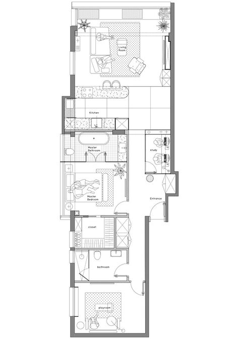 small narrow rectangular apartment plans florencia michelli adds modern pastel touch to1950s apartment in israel Rectangular Apartment, 1950s Apartment, Building Plans House, Pink Tiles, Colourful Tile, Kitchen Display, Apartment Plans, Study Areas, Custom Glass